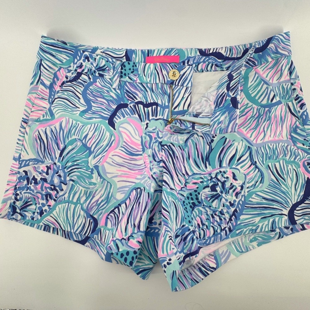 Lilly Pulitzer Callahan Shorts Women 12 Blue Pink‎ Shell Coral Print Gold Button